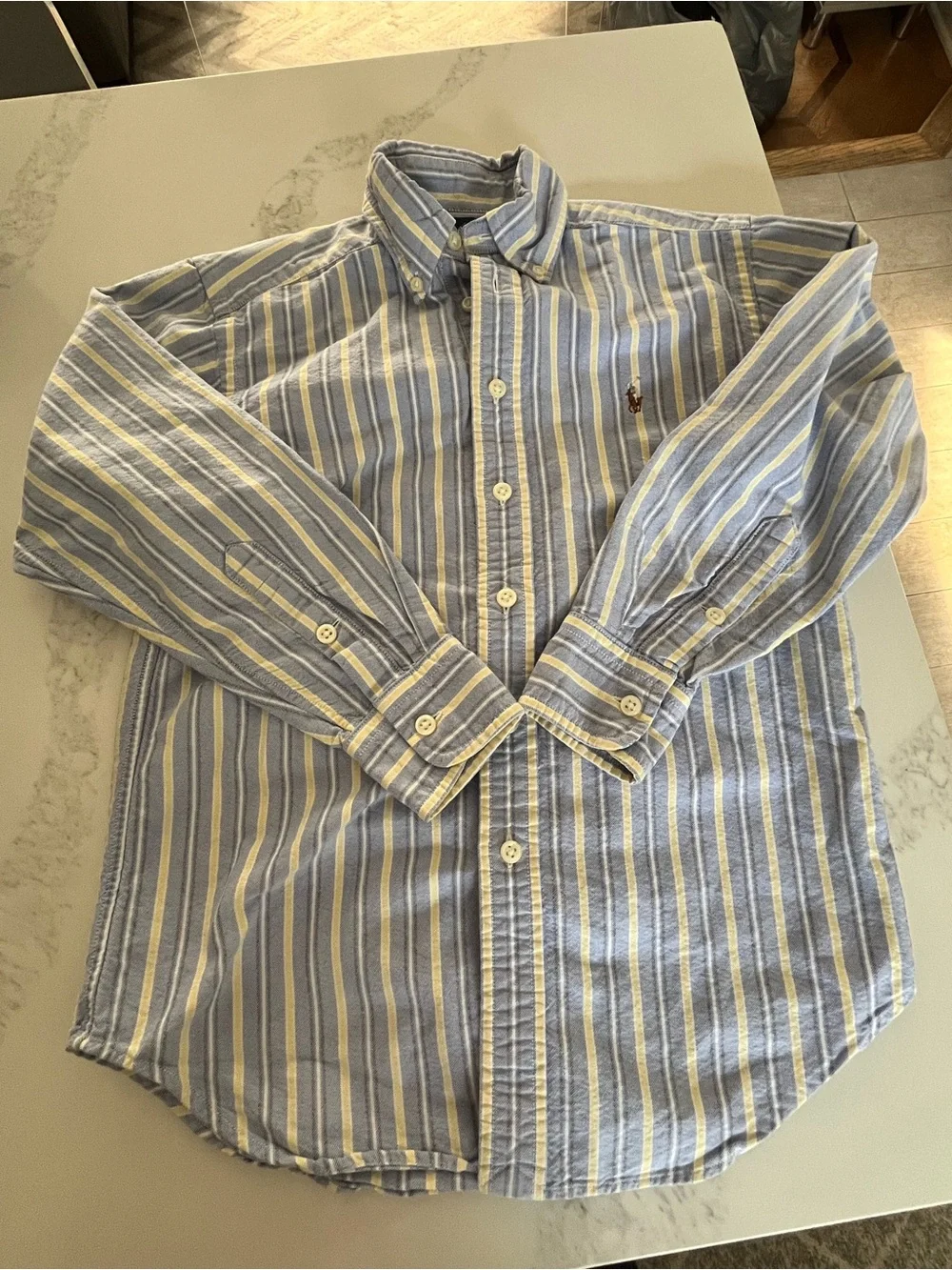 Boys Ralph Lauren blue and yellow striped button down shirt.  Size small or 8.